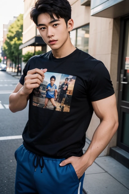 handsome muscular asian man, white shorts, street, topless, buzzcut, looking at viewer, looking at viewer, low sharpness<lora:lip_slider_v2:-4>