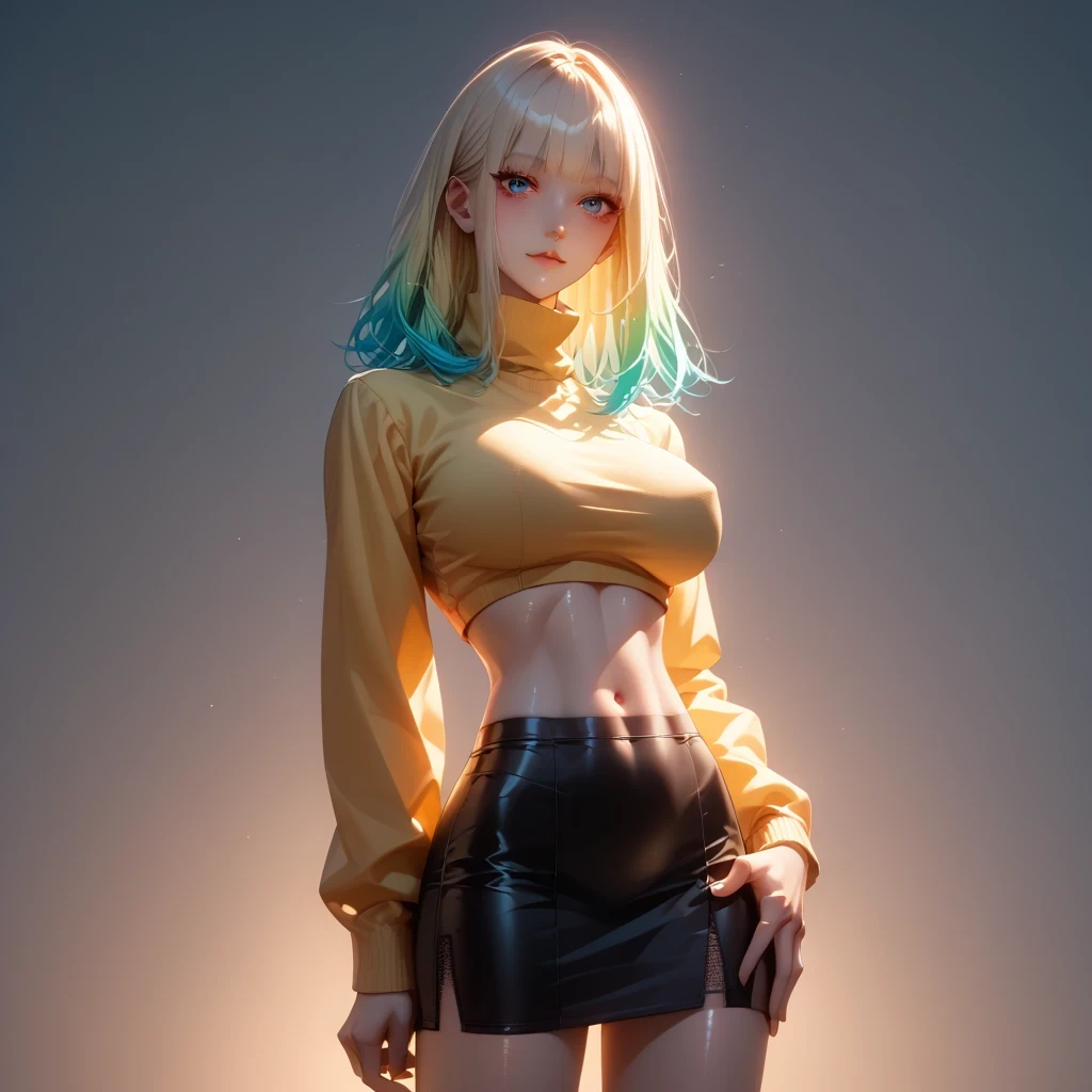 hand on own ass, ((yellow black, hair, gradient hair ), top quality、 ( professional lighting without shadows )、 surreal, is fascinating、figure like a slender supermodel、 1 girl, ( big breasts, Belly button exposed), ( flat at honny, beautiful skin)), (明るい and beautiful blue eyes , ((hime cut, medium hair )),( A black mini tight skirt ,(( black tight cropped turtleneck ))) ,knee-high socks,