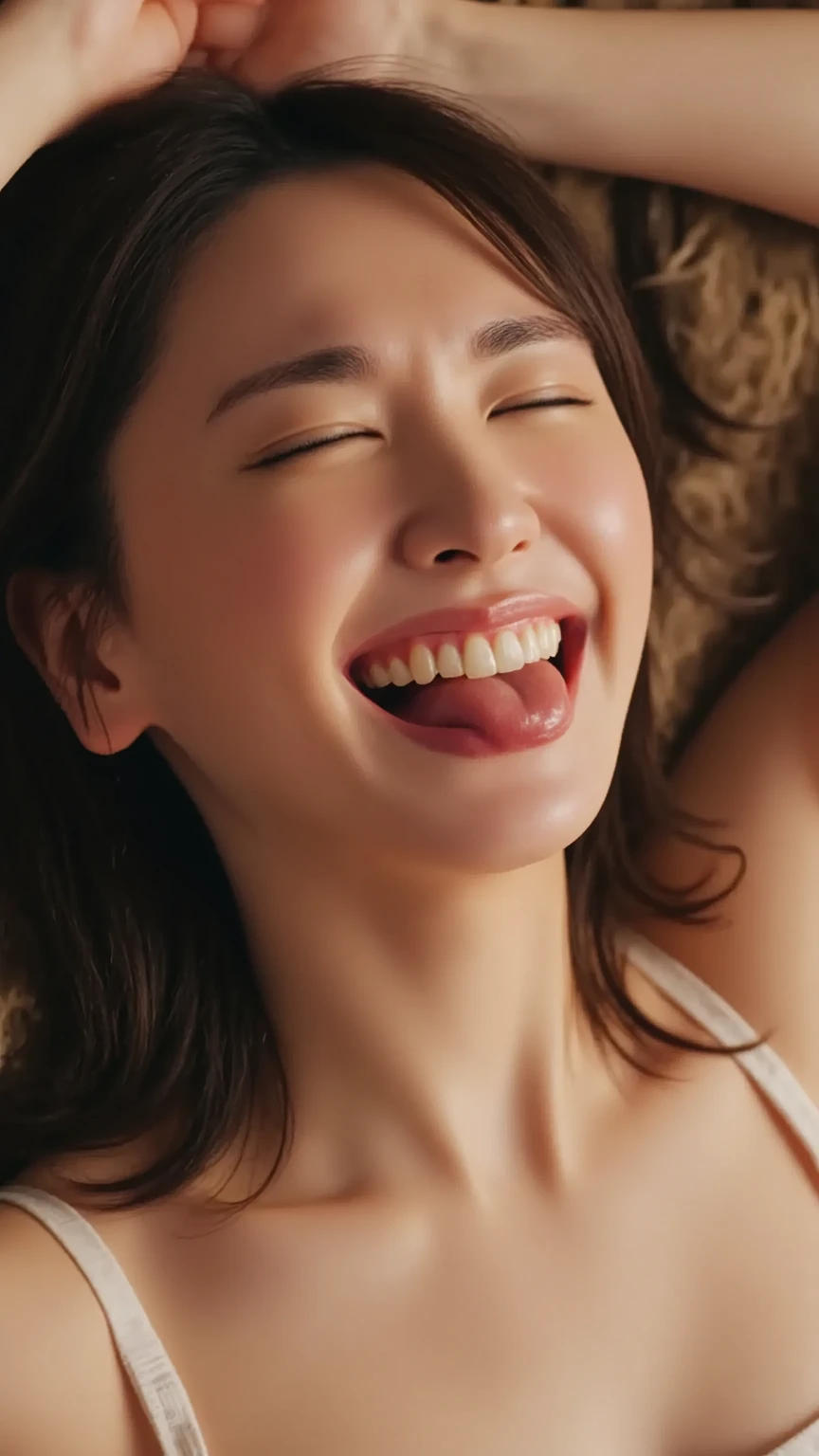 Beautiful mature woman with beautiful wavy long hair, Sexy Mature, On the bed, Disheveled Hair, She is moaning with her mouth open, looking very happy., Red lipstick, Ultra-high resolution,(Realistic:1.4), ((Highest quality)), ((masterpiece)), (be familiar with),