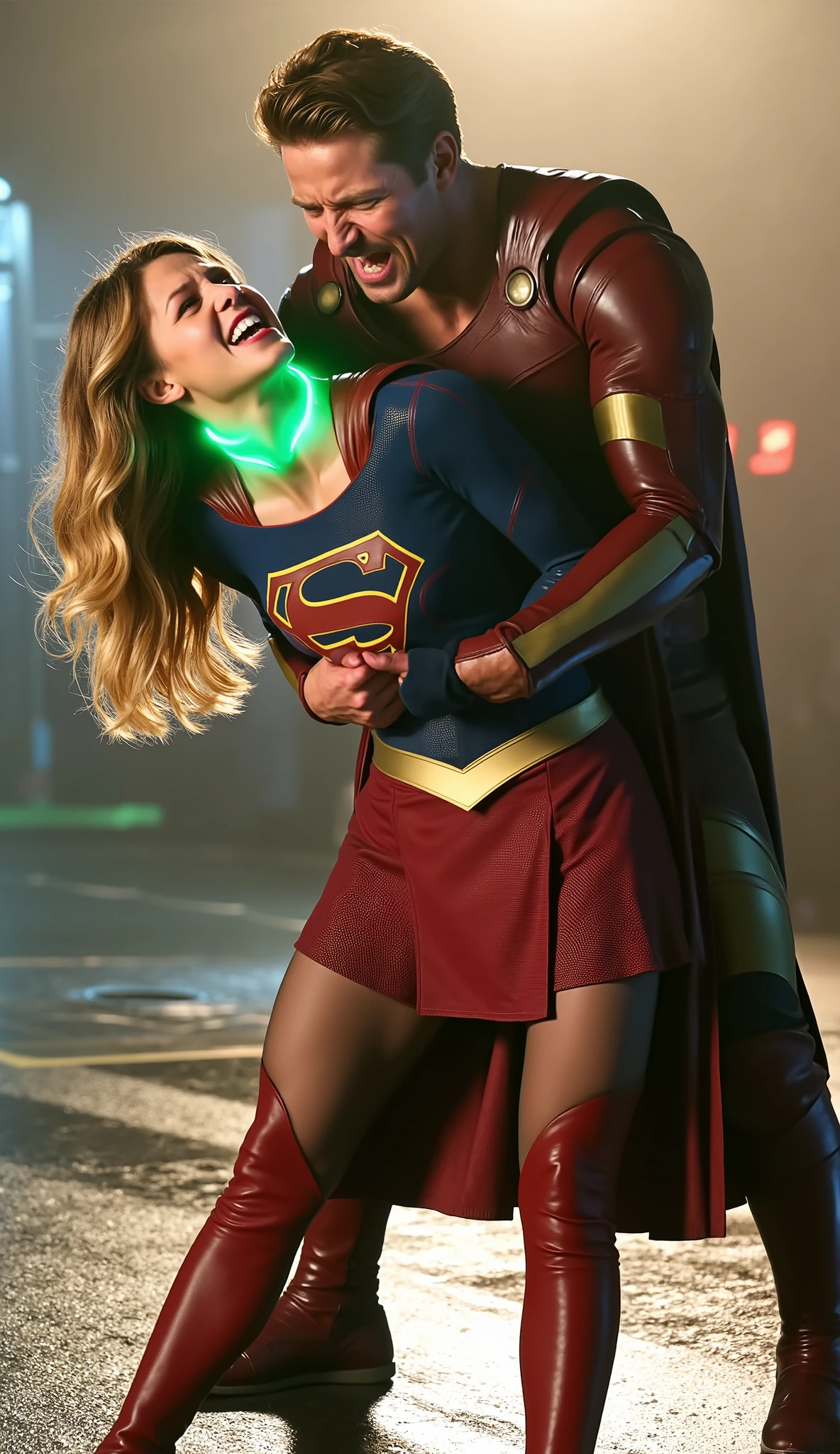 Melissa Benoist as Supergirl, fighting with an enemy, she is sexual assaulted from behind Lex Luther the villain, she bend down to the ground, her arms are cross behind her back, a green lighting collar on her neck, painful face, (she is screaming in pain), Lex Luther is a strong big guy, he is in ironman suit, he hugging her tightly from behind, he push his private part in to her body, whole body from head to feet are visible, in the factory, night time, bright spot lighting,