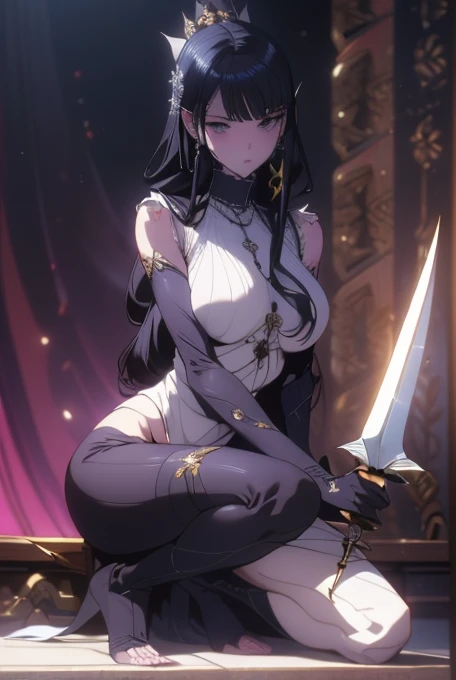 score_9, score_8_up, score_7_up, score_6_up, uncensored, Michiko_Tanaka, absurdly long hair, golden eyes, black hair, very long hair, parted bangs, forehead mark, lips, shiny skin, sweating, wet, wet hair, steaming body, heavy breathing, (small breasts:1.3), BREAK (masterpiece:1.2), best quality, high resolution, unity 8k wallpaper, (illustration:0.8), (detailed eyes:1.6), perfect lighting, extremely detailed CG, (perfect hands, perfect anatomy), 1girl, breasts, solo, vastaya, cleavage, bare_shoulders, elbow_gloves, staff, choker,