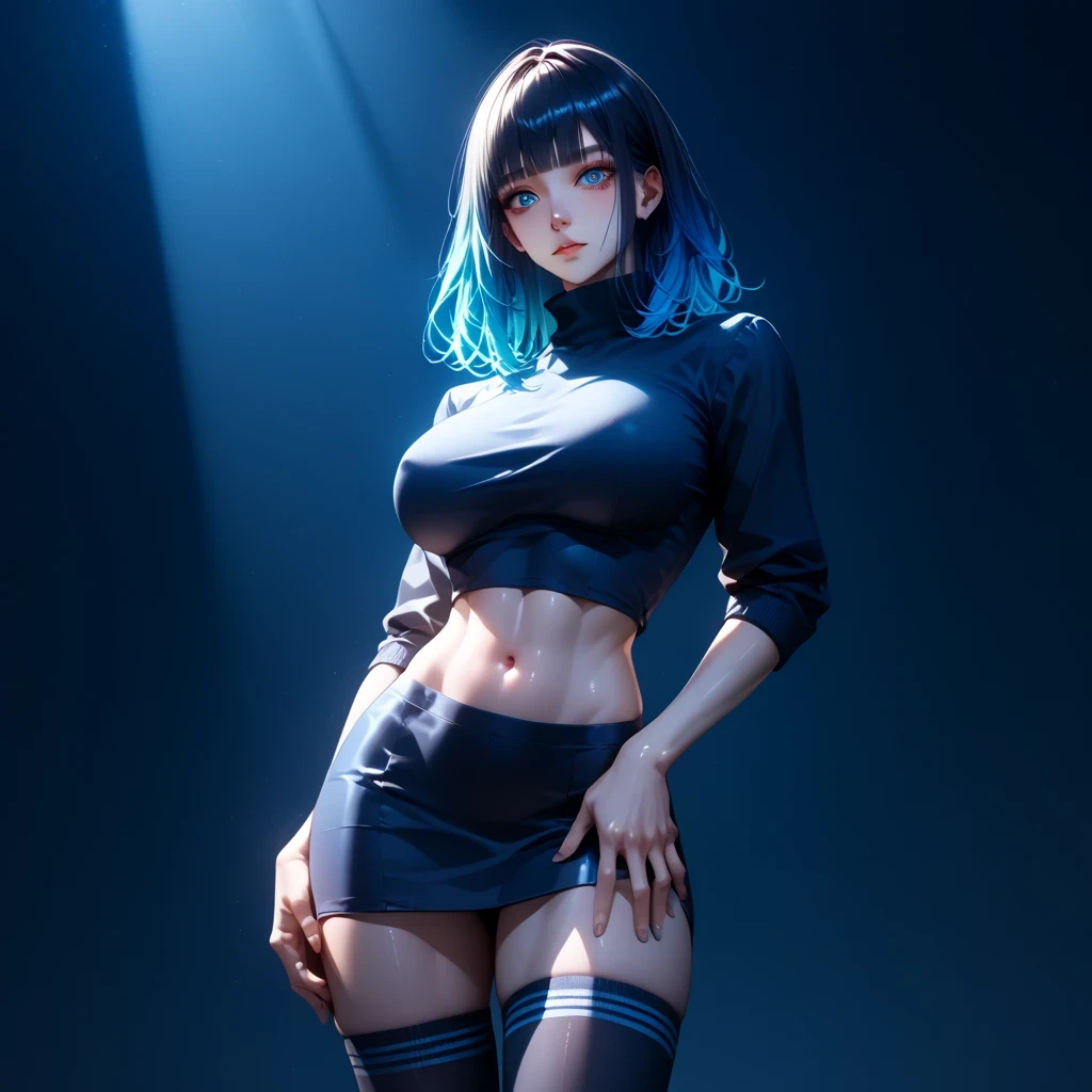 hand on own ass, ((blue black, hair, gradient hair ), top quality、 ( professional lighting without shadows )、 surreal, is fascinating、figure like a slender supermodel、 1 girl, ( big breasts, Belly button exposed), ( flat at honny, beautiful skin)), (明るい and beautiful blue eyes , ((hime cut, medium hair )),( A black mini tight skirt ,(( black tight cropped turtleneck ))) ,knee-high socks,