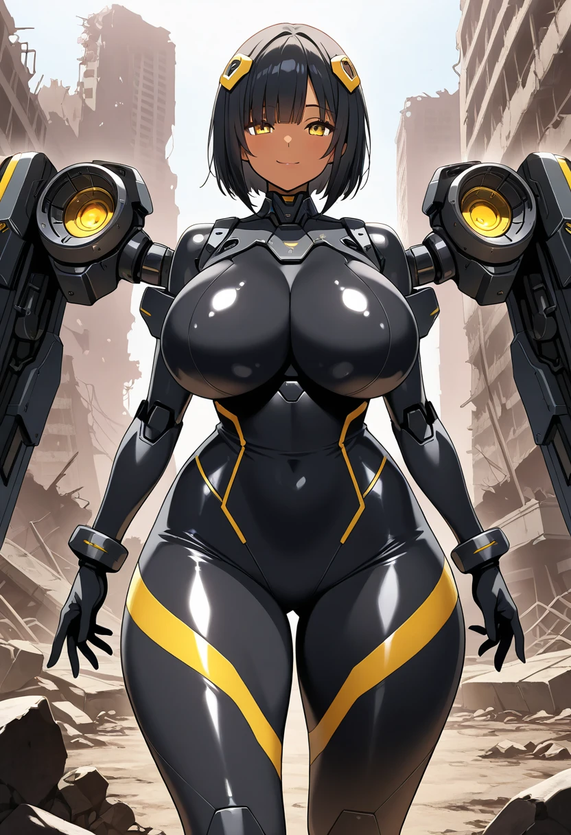 tall, shiny skin, glossy skin, fit, dark skin, very dark skin, very long legs , cameltoe, robot, android, cyborg, short black hair, angry smile, huge breasts, micro-bikini