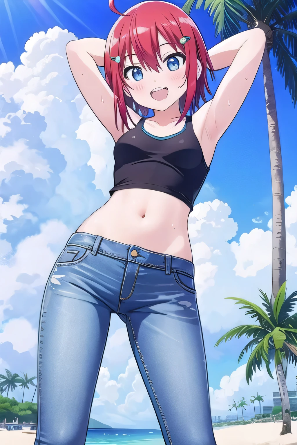 Nishikino maki, Purple eyes, red hair, lipstick,red tank top, denim pants,low waist pants, open pants, glasses, bracelet, cleavage, standing, realistic art, cowboy shot, sexy,toned stomach, embarrassed,sweaty,arms behind back, (undressing:1.2), (panties:1.2),big breasts, (ecchi anime style:1.3), womb tattoo on underbelly, fly down, covered nipples
