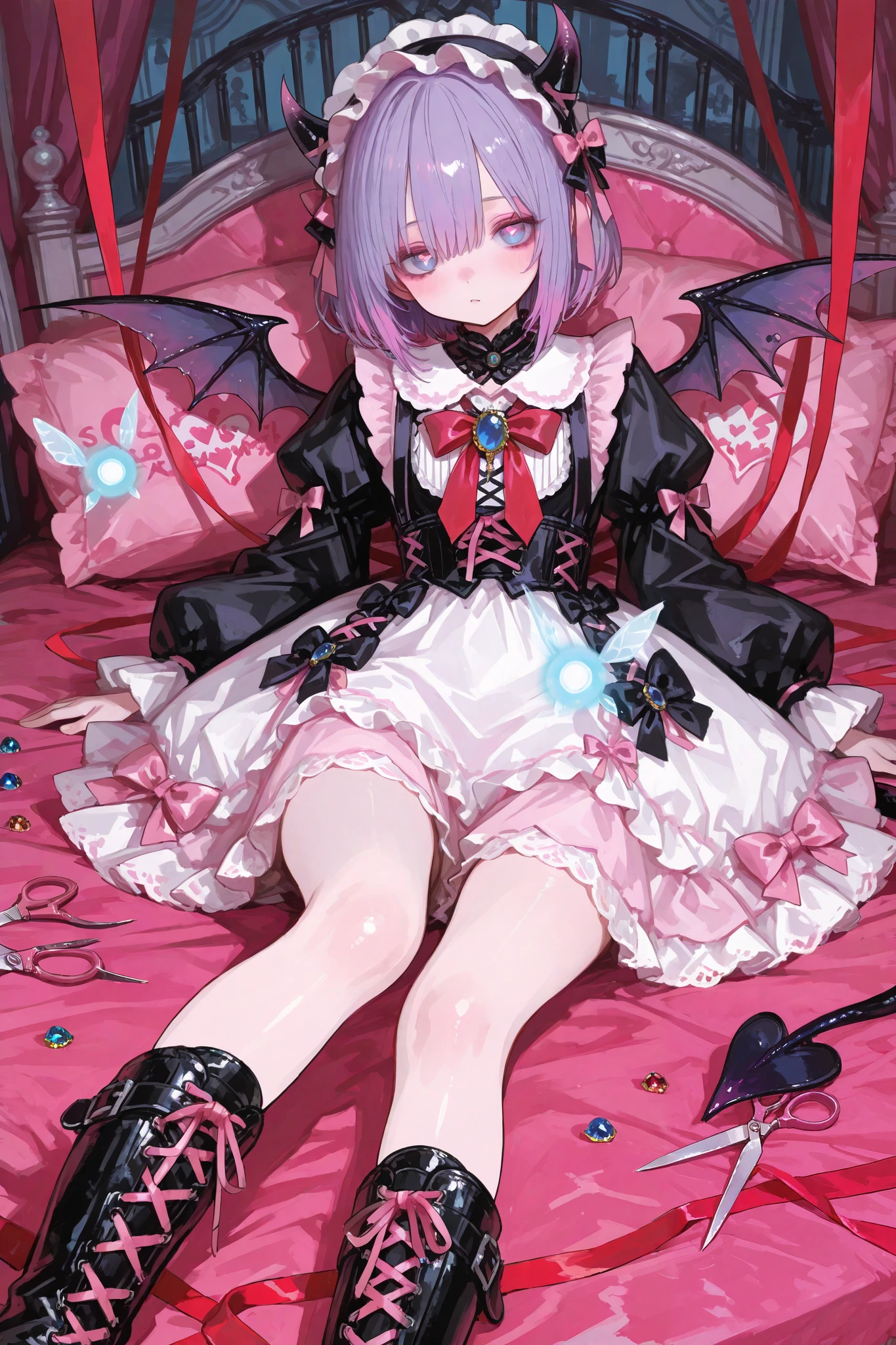 The girl is a devil/ pastel goth. She has long, loose, wavy puffy purple hair with pink highlights. She has navi blue eyes with heart-shape pupils. she has head bat wings. She has long white long demon horns with pink ribbons. white webbed bat wings on the back and a white devil's tail with a tiny bow on it's tip. She is wearing a pink and white Gothic Lolita pastel dress with ribbons and bows with long puffy sleeves that hide her palms. She has a puffy collar with a red ribbon and a blue gemstone on her chest. She has long legs dressed in pink lace-up boots and white with bows. She is in a pink and black Gothic room decorated with mannequins and purple ribbons with scissors tied to them.