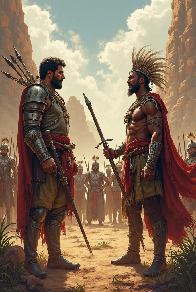 Indigenous man in a loincloth from the 1490s facing a Spanish soldier from the 1490s with a weapon from that period