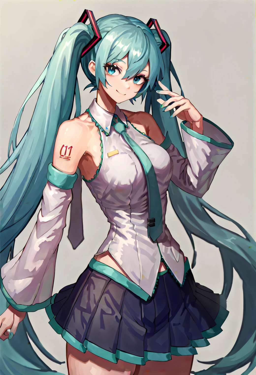 1girl, long hair, twintails, very long hair, blue hair, blue eyes, smile, hair ornament, hatsune miku, aqua hair,
skirt, detached sleeves, necktie, aqua eyes,