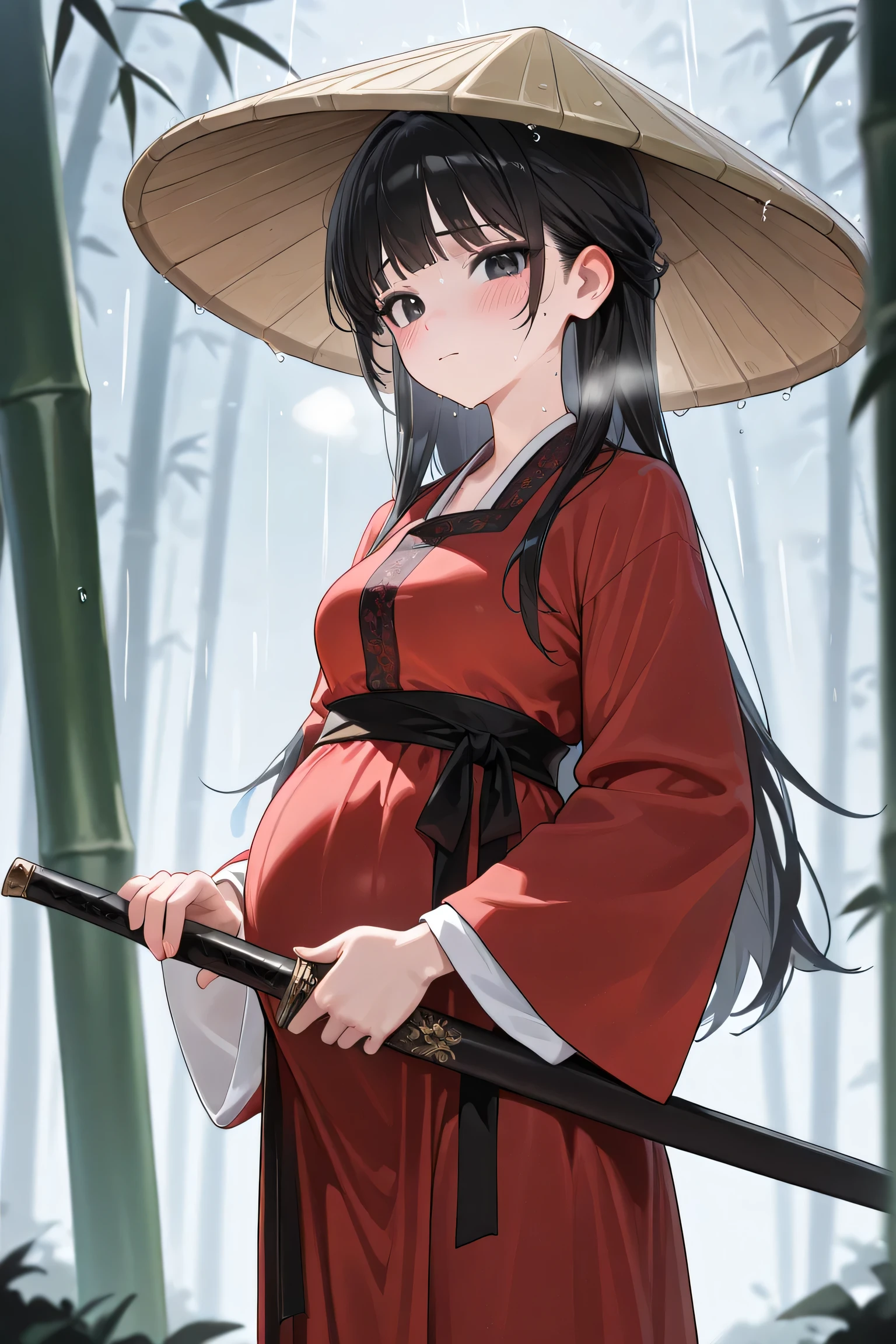 (Best quality, 4k, 8k, high resolution, masterpiece:1.2), ultra detailed, intricate details, beautiful girl, alone, long black hair, bangs, black eyes, small-medium breasts, perfect smooth skin, looking at viewer, head tilted, traditional Asian clothing, red hanfu with black accents, wide sleeves, black sash around waist, slightly nervous expression, (blush:1.1), (Pregnant:1.0), at forest on big stone, standing, sweating, heavy breathing, bamboo hat, (raining:1.0), hat Hover hair, hand holding Chinese sword in sword sheath