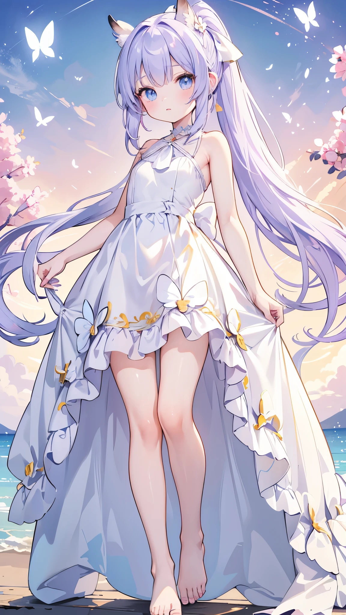 (masterpiece, best quality, ultra-detailed), angel girl, characteristic, steady & calm, hair color, lavender, hairstyle, straight bangs, high ponytail, hair length, mid-back-length long straight hair, eyes color, periwinkle, eyes type, rectangular eyes, ears type, eurasian eagle-owl ears, wing type, cupid angel wings, folding, body figure, small, curves, childlike, no chest, angelic regalia, halter bustier butterfly gown, foot, barefoot, toenail, soft white toenails, hair accessory, white butterfly-shaped hair ribbon, high ponytail, lipsticks, nails, sheer peach light blue, pose, magic girl, standing, calmly, expression, calm, looking at the viewer