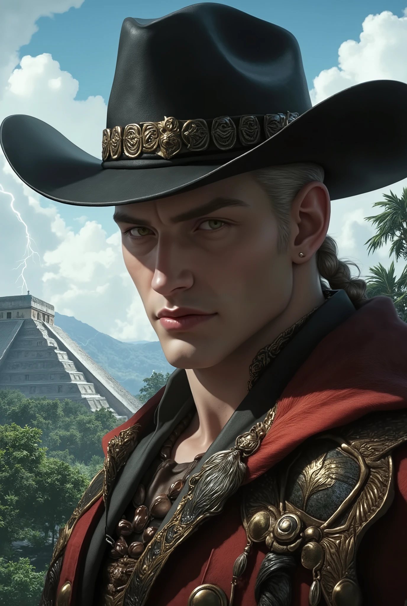 (masterpiece, best quality, ultra-detailed, best shadow), (detailed background, cowboy shot, sky, lightning bolt, maya civilization, mayan pyramid, forest, jungle, looking at viewer, serious, angry), (detailed face, masculine features, strong jawline), (best illumination), ((cinematic light)), colorful, hyper detail, dramatic light, intricate details, (man named cun can, Mayan, caramel-skinned male, white hair, yellow eyes, white hair, braid, mayan clothes, god )