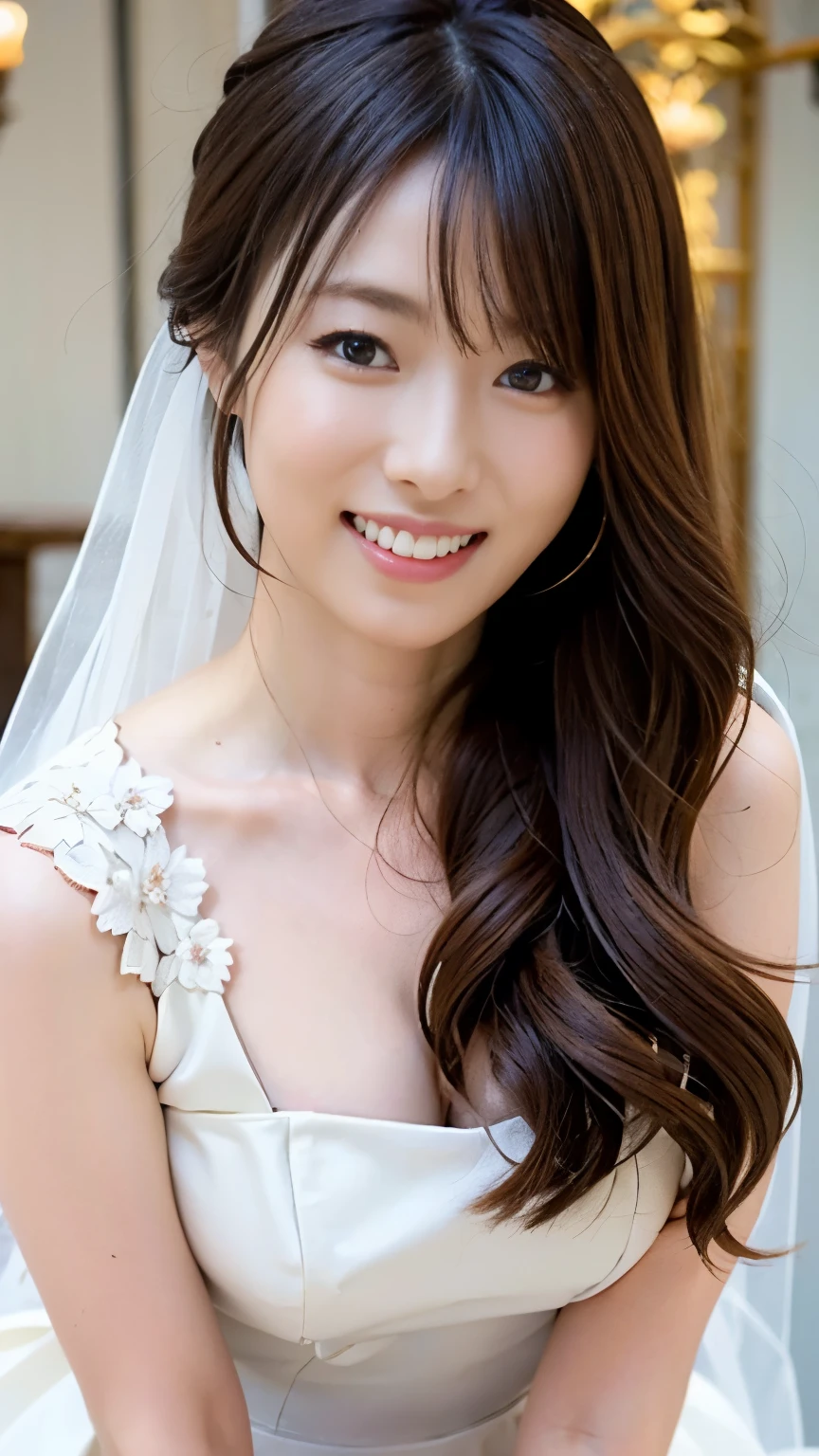 1 girl, smile, shiny skin, delicate face, best quality, masterpiece, (realistic: 1.4), wedding dress, random hairstyle, perfect figure, small breasts, princess
