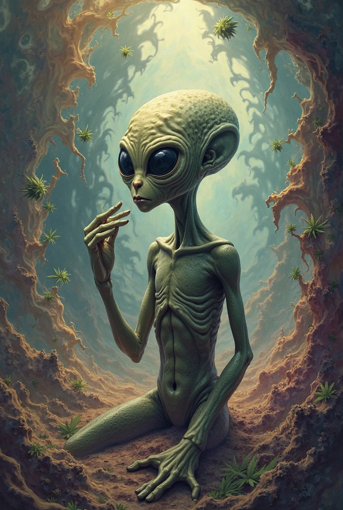 An alien smoking marijuana in space, with planets and galaxies and stars 