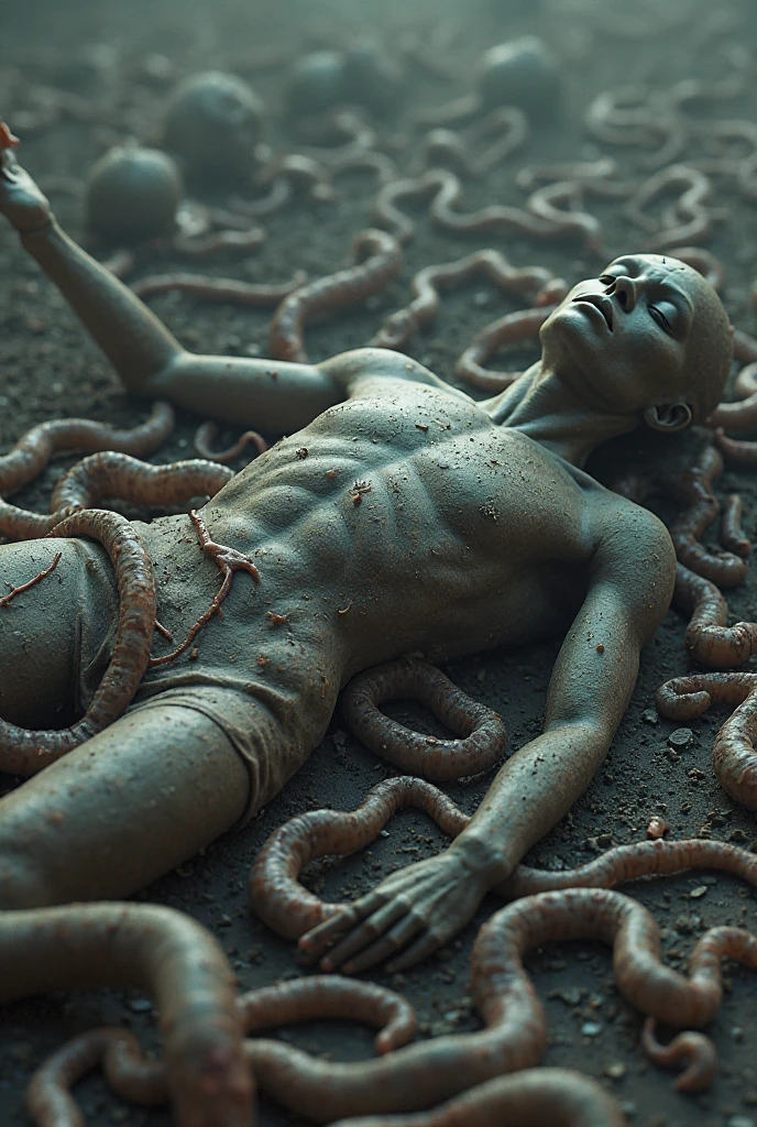 realistic picture of a naked half werewolf sunbathing being attacked by a group of worms and some of the worms tore his stomach, one of the worms went into his genitals and he was in pain