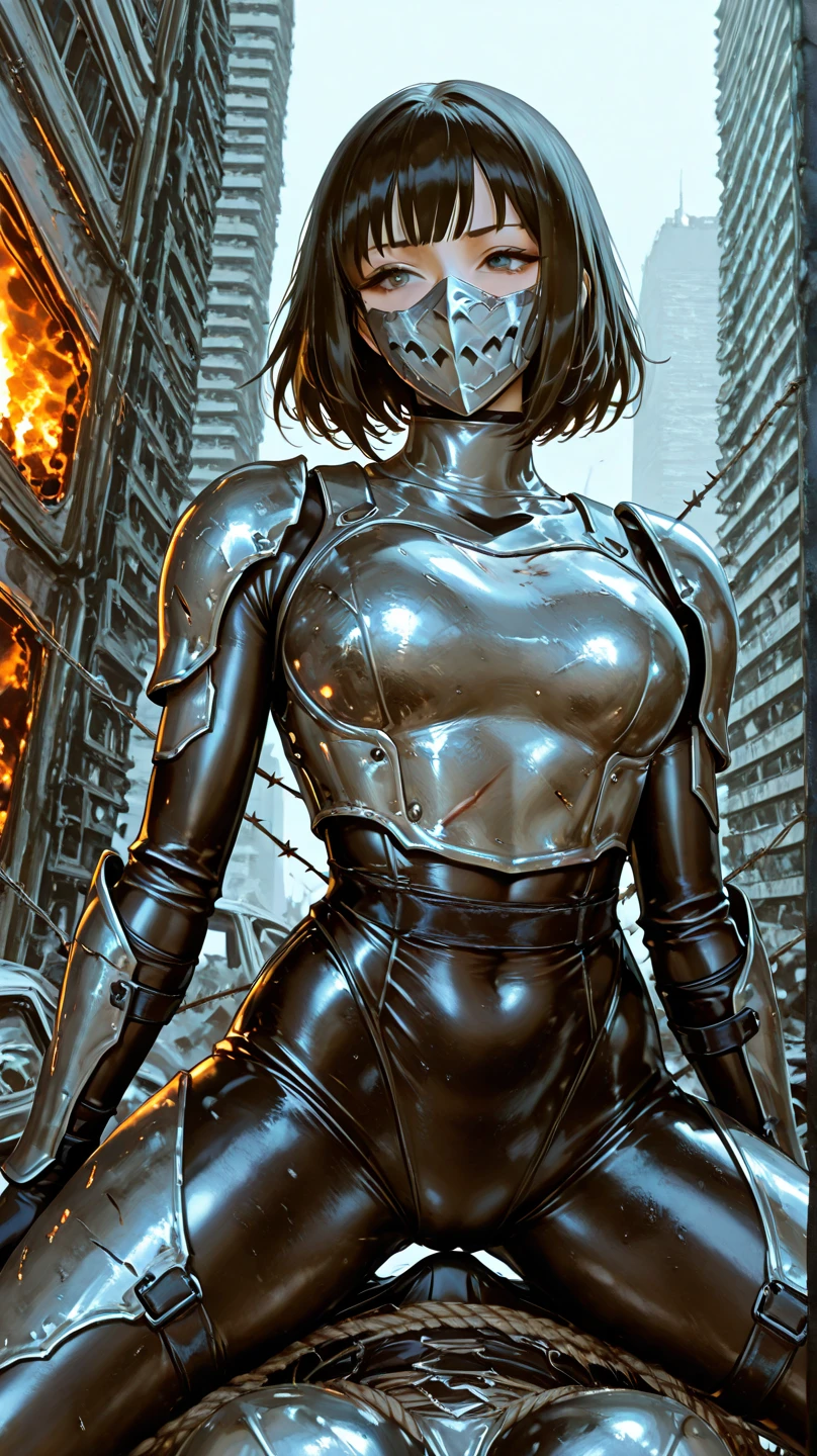 A female knight wearing a full suit of armor, with intricately designed plates covering her body. Her armor is a fusion of futuristic technology and medieval elements, blending sleek metallic surfaces with ornate engravings and motifs. The knight stands in a vast landscape that mixes medieval castles and futuristic skyscrapers, symbolizing the fusion of medieval and sci-fi worlds. The knight's armor emits a soft glow, highlighting its advanced technological features. Her helmet reveals her determined eyes, sharp and focused under the protection of the visor. The armor is embellished with intricate detailing, catching the light in mesmerizing patterns. The color scheme is a harmonious blend of metallic tones, with shades of silver, gold, and bronze dominating the armor. The surrounding landscape showcases a contrast between the warm earthy hues of the medieval structures and the cool futuristic tones of the skyscrapers. The lighting creates a dramatic effect, with rays of sunlight piercing through the clouds, casting a majestic glow upon the knight and the landscape. The combination of natural and artificial light sources creates a captivating play of shadows and highlights, enhancing the depth and realism of the scene. This image portrays the best quality and resolution, enabling viewers to appreciate every intricate detail of the illustration. It captures the essence of a futuristic medieval world, showcasing the marriage of advanced technology and old-world charm. The artwork is reminiscent of a photorealistic digital painting, with ultra-detailed and vivid colors, capturing the viewer's attention and immersing them in this captivating universe.