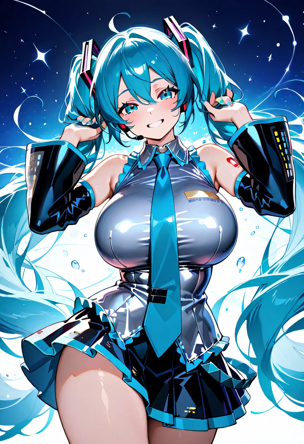 1girl, long hair, twintails, very long hair, blue hair, blue eyes, smile, hair ornament, hatsune miku, aqua hair, skirt, detached sleeves, necktie, aqua eyes, (hyper breasts)