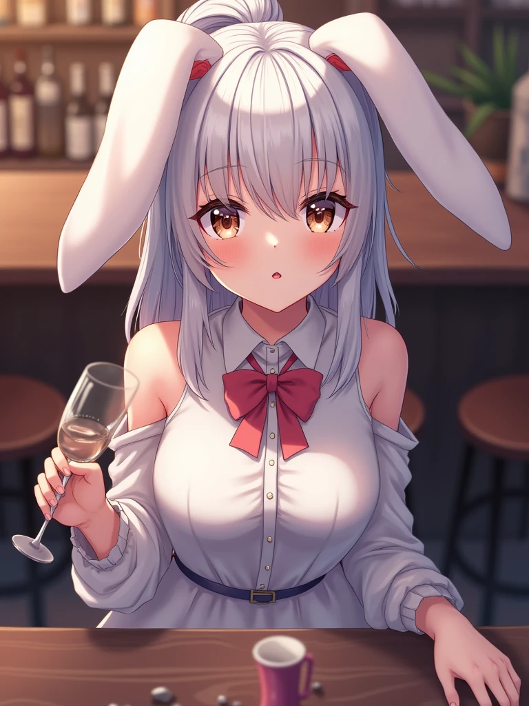 1girl, solo, long hair, big breasts, looking at viewer, smile, bangs, blue eyes, red eyes, dancing, bow, animal ears, cleavage, bare shoulders, twintails, medium breasts, very long hair, closed mouth, tail, white hair, pantyhose, sidelocks, indoors, bowtie, rabbit ears, blurry, leotard, cup, wrist cuffs, bare arms, strapless, covered navel, leaning forward, detached collar, fake animal ears, heterochromia, blue bow, playboy bunny, rabbit tail, strapless leotard, white pantyhose, white leotard,