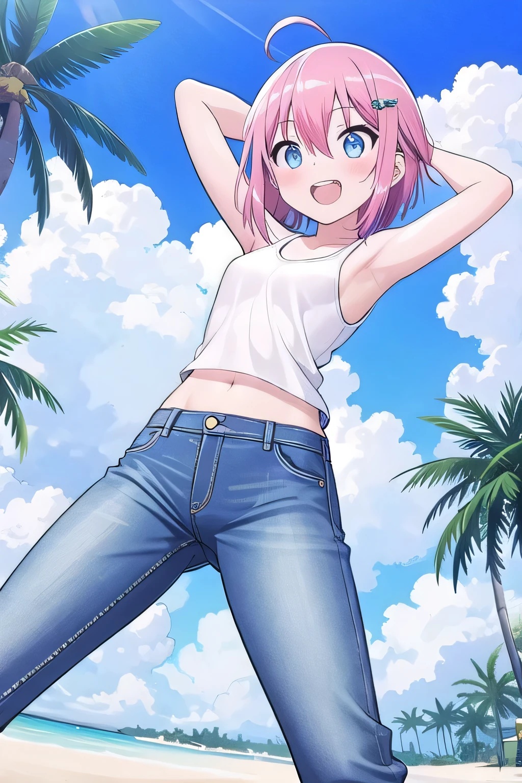 masterpiece, best quality, ultra detail, ((Perfect Face, perfect eyes, perfect hair, perfect arm)), 1girl, , peti ((round face, ecstasy, orgasm face, drooping eyes, shame smiling, blush)), dropping eyes, sleepy, Open mouth, ((White teeth)), background((under the beach, (day:1.2), palm tree, bright sky)), miku hatsune, ahoge, aqua eyes, (pink hair:1.4), crossed bangs, hair between eyes, hair ornament, (short hair:1.4), (straight hair:1.7), ((arms behind head, hands behind head, fingers behind head)), ((contrapposto)), spread armpits, looking at viewer,, (white tank top:1.2), (white crop top:1.2), (jeans pants:1.2, flares jeans:1.2, skinny jeans:1.2, blue jeans:1.2), standing, (legs spread:1.4), sex pose, Sweaty crotch, Steam from the crotch, from below, whole body