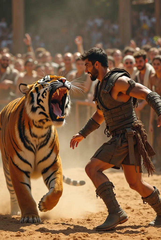 A lion fight the tiger the tiger was defeated both the lion and tiger are bleeding very seriously the lion was in aggression more bloody now a beautiful woman arrives in that field the lion and tiger kill the beautiful woman and ate there was very very bloody a man with great body arrives kill the both lion and tiger with his fist the scene is so bloody and monstrous more and more bloody