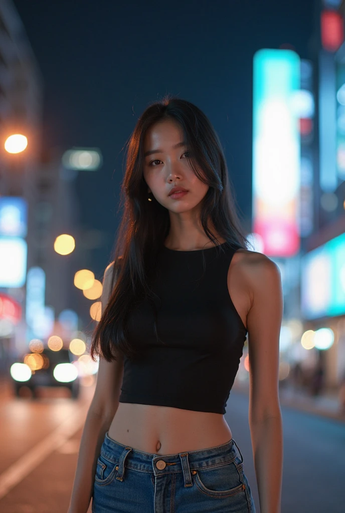 (full body shot:1) photorealistic image of a (laying pose:1) woman, ultrarealistic, photography, straight long black hair, asian woman, beautiful cute sexy asian 20 years old woman, hourglass figure, perfect body, Flirty look, natural big breasts, she wears a sexy top, camouflaged pants, sneakers, long eyelashes, cat eye make-up, double eyelids, sexy pose, erotic pose, seductive pose, in the parking lot, late at night, big breasts, big tits