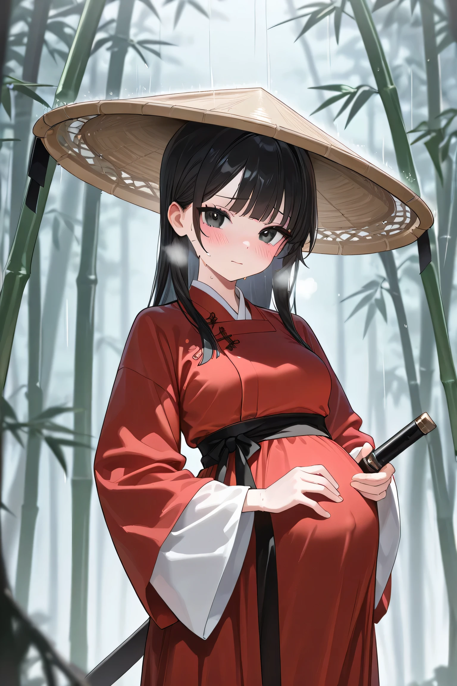 (Best quality, 4k, 8k, high resolution, masterpiece:1.2), ultra detailed, intricate details, beautiful girl, alone, long black hair, bangs, black eyes, small-medium breasts, perfect smooth skin, looking at viewer, head tilted, traditional Asian clothing, red hanfu with black accents, wide sleeves, black sash around waist, slightly nervous expression, (blush:1.1), (Pregnant:1.0), at forest on big stone, standing, sweating, heavy breathing, bamboo hat, (raining:1.0), hat Hover hair, hand holding Chinese sword in sword sheath
