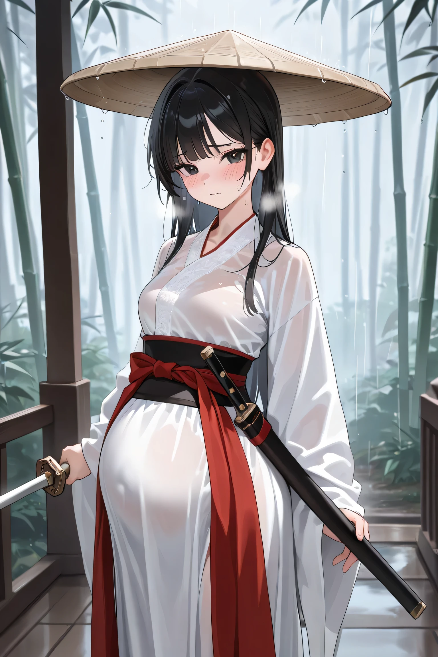 (Best quality, 4k, 8k, high resolution, masterpiece:1.2), ultra detailed, intricate details, beautiful girl, alone, long black hair, bangs, black eyes, small-medium breasts, perfect smooth skin, looking at viewer, head tilted, traditional Asian clothing, red hanfu with black accents, wide sleeves, black sash around waist, slightly nervous expression, (blush:1.1), (Pregnant:1.0), at forest on big stone, standing, sweating, heavy breathing, bamboo hat, (raining:1.0), hat Hover hair, hand holding Chinese sword in sword sheath