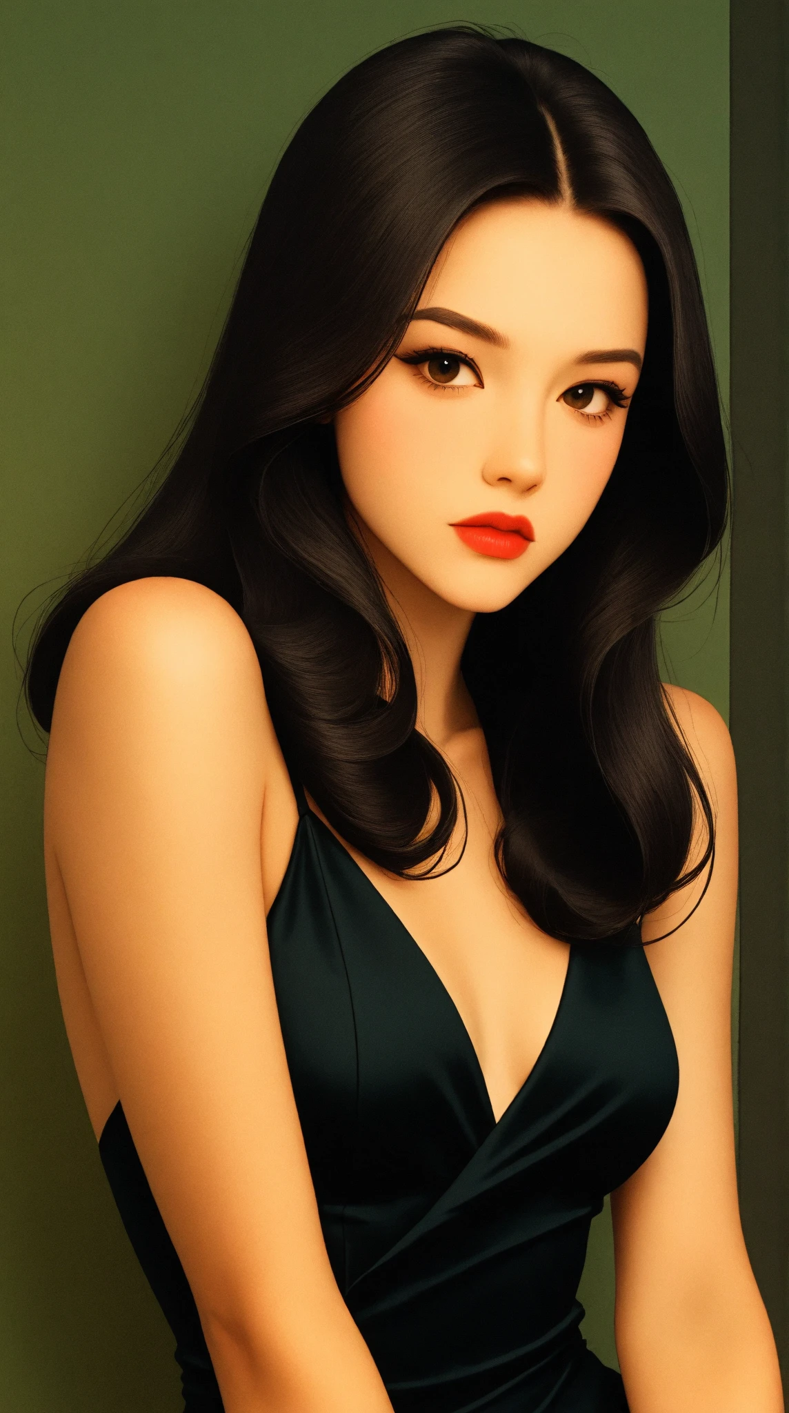 (green dress:1.2),1girl,hourglass body shape,waist up,beautiful detailed eyes,beautiful detailed lips,extremely detailed face,long eyelashes,detailed intricate dress,natural lighting,vibrant colors,soft focus,photorealistic,8k,extremely detailed,masterpiece