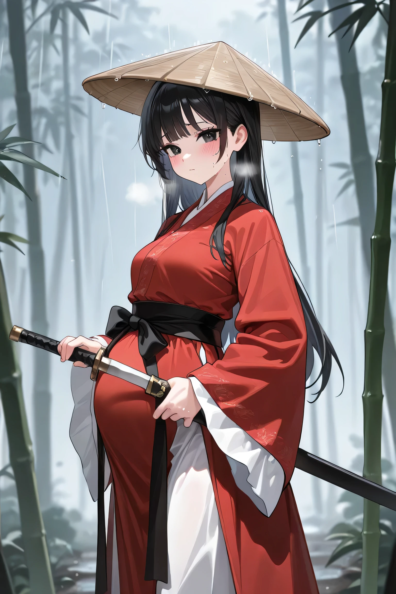 (Best quality, 4k, 8k, high resolution, masterpiece:1.2), ultra detailed, intricate details, beautiful girl, alone, long black hair, bangs, black eyes, small-medium breasts, perfect smooth skin, looking at viewer, head tilted, traditional Asian clothing, red hanfu with black accents, wide sleeves, black sash around waist, slightly nervous expression, (blush:1.1), (Pregnant:1.0), at forest on big stone, standing, sweating, heavy breathing, bamboo hat, (raining:1.0), hat Hover hair, hand holding Chinese sword in sword sheath