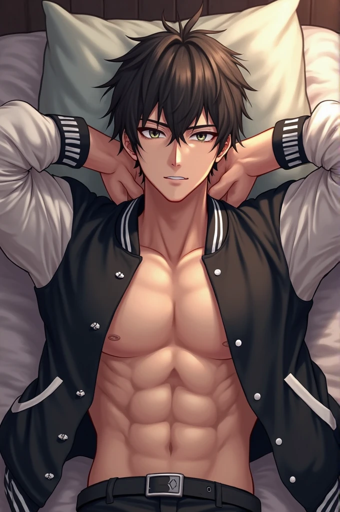 1 man, Mature and handsome man, Blushing smile,Seductive expression, Solitary, muscular, Muscle Man, High target, handsome guy, Big biceps, Abdominal muscles, thigh, Broad shoulders, Open the chest,, Black short hair,sweat, Sweaty hair, Shirtless, Sit on the bed and relax, Black shorts, Viewers Watching, high resolution:1.2, best quality, Upper body shooting, Flat style, Ambiguous room background, Low photographic angle, Volumetric Lighting, Depth of Field, shadow,Romantic environment