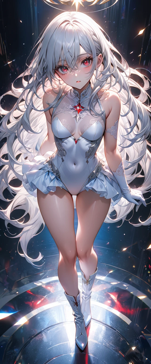 White haired elf in white outfit, sexy underwear guy, that covers vagina and breasts, highlighting her breasts, elf with blue eyes and a fine face, with sexy clothes , wet hair,full body,detailed face, detailed hands, full body, long legs