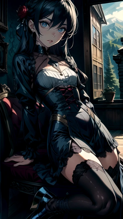 cowboy shot, blindfold, blinfolded eyes, female big breast, full body, fetal positon on bed (shackles on legs and arms inside bed), 1girl, drow, colored skin, dark elf, pointy ears