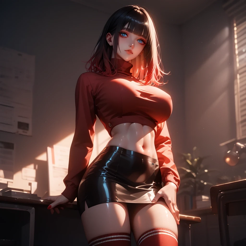 hand on own ass, ((red black, hair, gradient hair ), top quality、 ( professional lighting without shadows )、 surreal, is fascinating、figure like a slender supermodel、 1 girl, ( big breasts, Belly button exposed), ( flat at honny, beautiful skin)), (明るい and beautiful blue eyes , ((hime cut, medium hair )),( A black mini tight skirt ,(( black tight cropped turtleneck ))) ,knee-high socks,