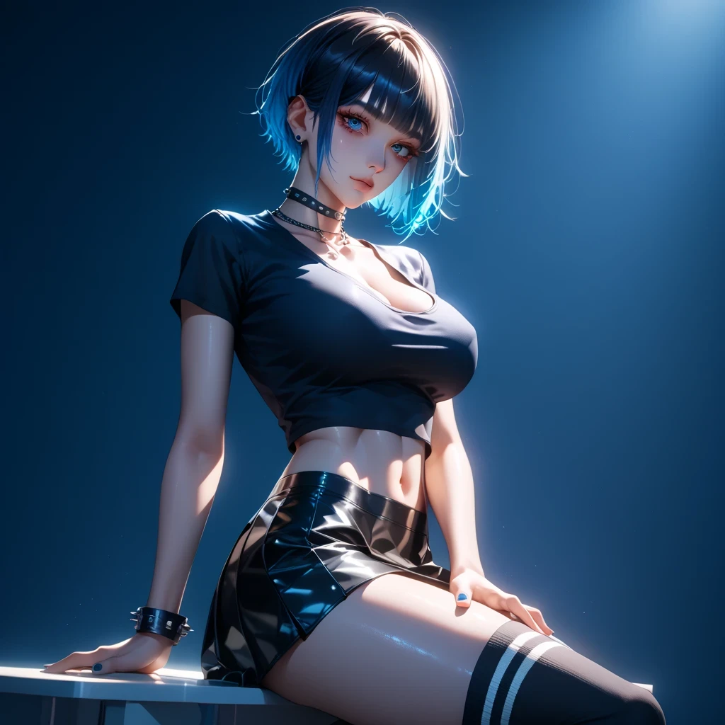 hand on own ass, (blue black, hair, gradient hair ), top quality、 ( professional lighting without shadows )、 surreal, is fascinating、figure like a slender supermodel、 1 girl, ( big breasts, Belly button exposed), ( flat at honny, beautiful skin)), (明るい and beautiful blue eyes ,(( クラゲ cut, short hair ))), ( black mini tight skirt , black u neck t-shirt, cleavage visible ,(( punk style fashion))) , Knee High Socks,