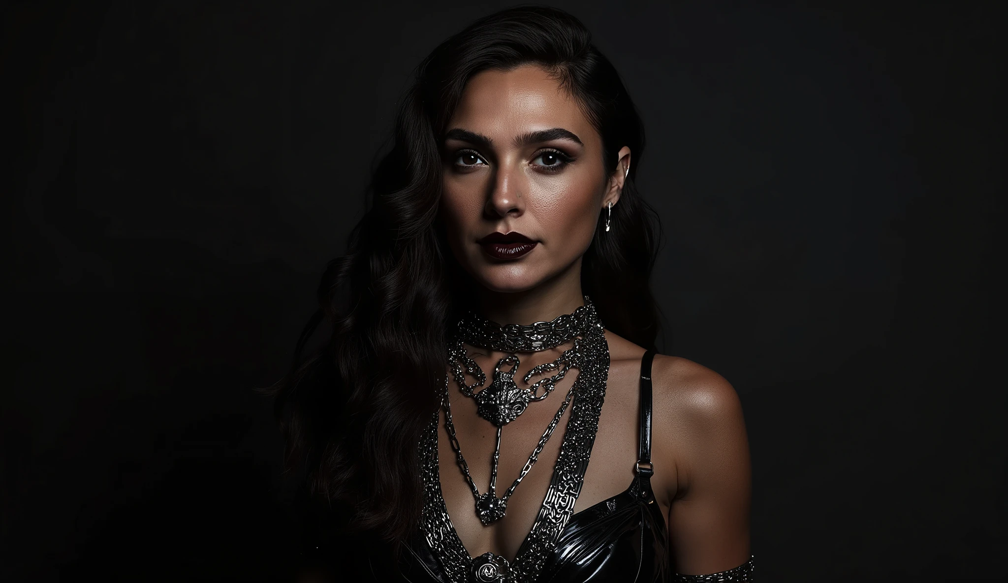The image presents a striking full-body shot of a stunning escort girl, centered against a dark, moody background that enhances the noir aesthetic. She wears a form-fitting leather outfit, intricately adorned with chains and massive gothic jewelry, including rings, bracelets, and layered necklaces, each piece reflecting a hint of light that contrasts with the overall darkness. Her long, loose hair cascades around her shoulders, framing a flawless face characterized by sharp features and wide-open pupils that convey an intense gaze. The makeup is striking, with dark lips and a light teasing smile that adds a hint of allure. Surrounding her is a soft, shadowy backdrop that emphasizes the depth and richness of the scene, enhancing the dramatic effect. The texture of the leather outfit contrasts with the smoothness of her skin, while the metallic glint of the jewelry catches the eye. The composition is balanced, with the girl positioned centrally, drawing attention immediately. The perspective is slightly low, giving her an imposing presence. The lighting is dim and atmospheric, with subtle highlights on her face and jewelry, creating a chiaroscuro effect that accentuates her features and the intricate details of her attire. Keywords: noir aesthetic, full-body shot, dramatic lighting, gothic jewelry, leather outfit, shadowy background, intense gaze, alluring smile, low perspective, chiaroscuro effect, rich textures, balanced composition.