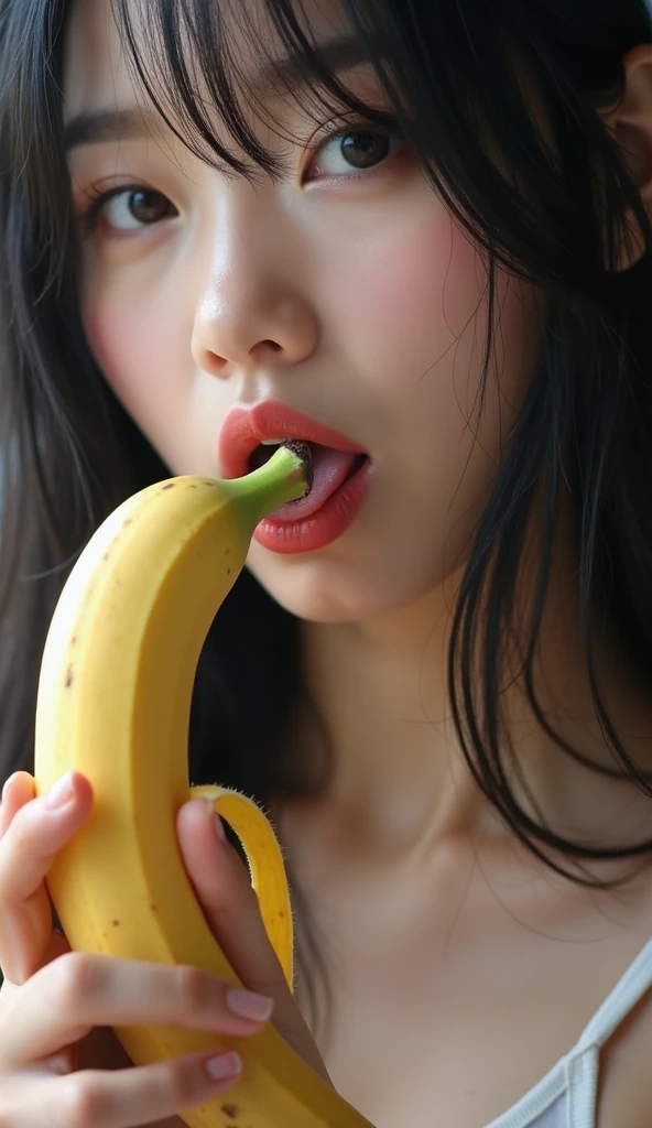 Woman eating a banana , long hair、ponytail、Prime head,Big Mouth、Fumino eating a banana, Fuller lips, Beautiful Hair, she is eating a banana,Woman with her mouth wide open , She is eating a banana, , sakimichan, ,