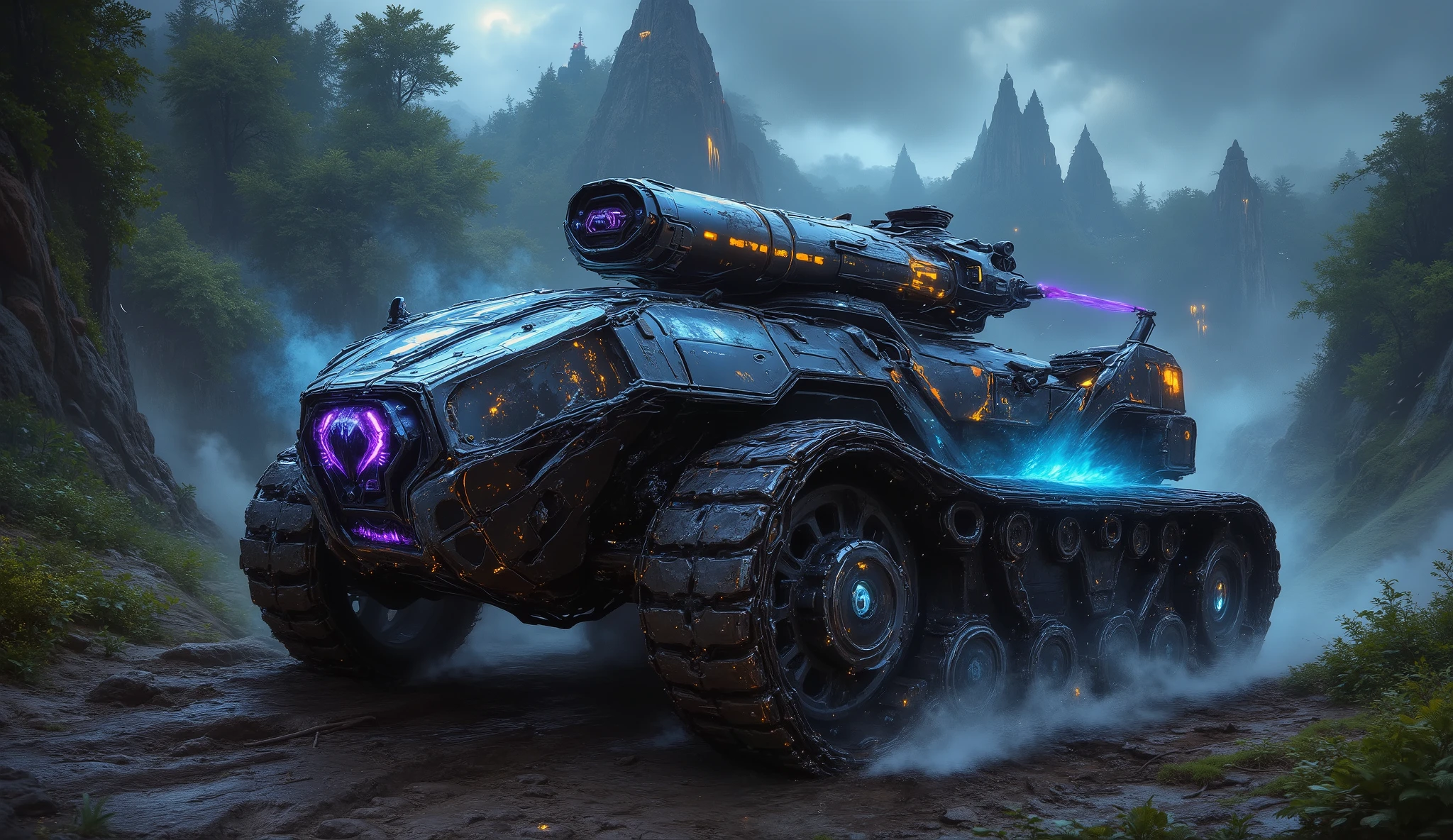 2. ThunderProwler – High-Speed Attack Tank
"In the heart of a war-ravaged alien jungle, the ThunderProwler—a state-of-the-art, panther-like attack tank—moves with unnatural agility. Its massive, all-terrain adaptive treads shift effortlessly between muddy swamps and jagged rock formations, leaving deep trenches in its wake. The vehicle’s sleek, midnight-black armor absorbs the faint glow of the surrounding neon plant life, making it nearly invisible as it stalks forward. Its plasma turret, shaped like the fanged maw of an ancient predator, pulses with stored energy, ready to annihilate enemy sentries guarding a long-lost ruin. In the distance, mechanical war machines awaken, but the ThunderProwler never hunts alone—it is the vanguard of a greater storm."