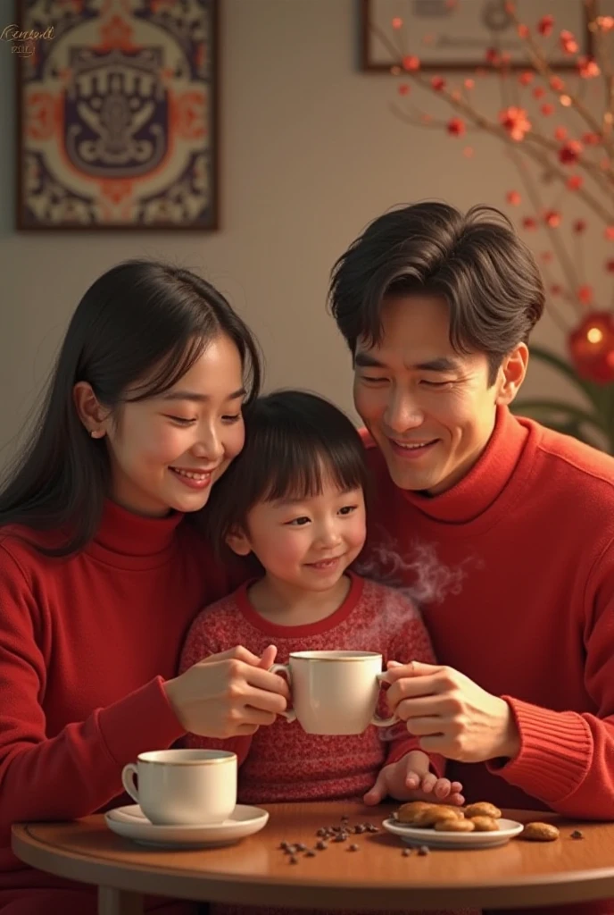 Asian family of three,Making dumplings,Spring Festival,The background is a window with the word "福",Outside the window is the snowy scene at night。