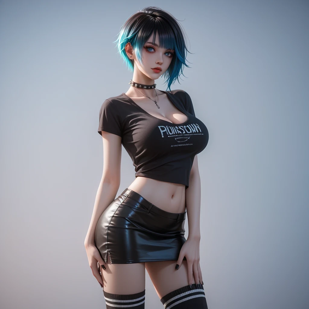 hand on own ass, (black, hair, gradient hair ), top quality、 ( professional lighting without shadows )、 surreal, is fascinating、figure like a slender supermodel、 1 girl, ( big breasts, Belly button exposed), ( flat at honny, beautiful skin)), (明るい and beautiful blue eyes ,(( クラゲ cut, short hair ))), ( black mini tight skirt , black u neck t-shirt, cleavage visible ,(( punk style fashion))) , Knee High Socks,