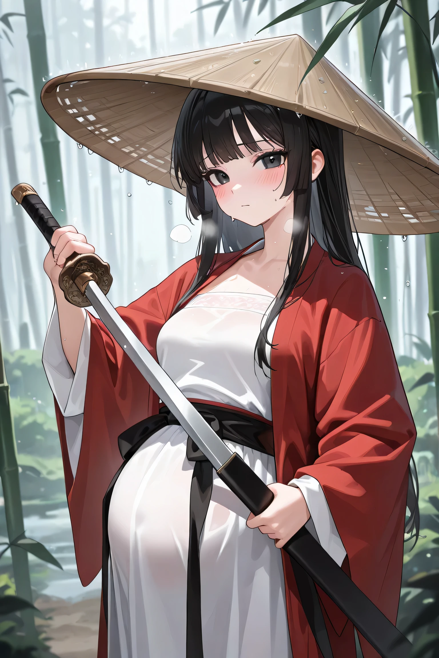 (Best quality, 4k, 8k, high resolution, masterpiece:1.2), ultra detailed, intricate details, beautiful girl, alone, long black hair, bangs, black eyes, small-medium breasts, perfect smooth skin, looking at viewer, head tilted, traditional Asian clothing, red hanfu with black accents, wide sleeves, black sash around waist, slightly nervous expression, (blush:1.1), (Pregnant:1.0), at forest on big stone, standing, sweating, heavy breathing, bamboo hat, (raining:1.0), hat Hover hair, hand holding Chinese sword in sword sheath