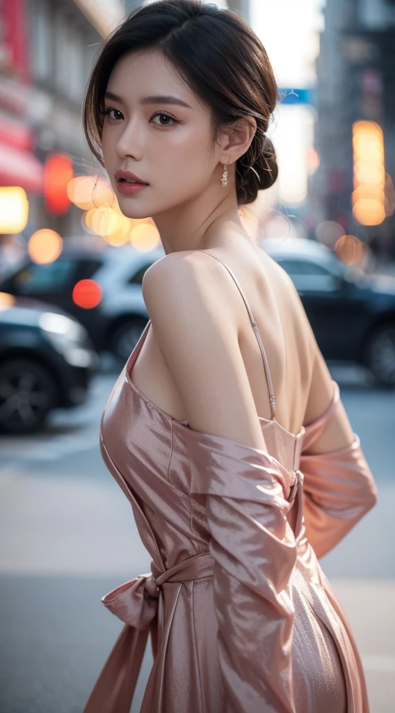European and American women, A fashion model, Wearing a pink dress with an open back, Glamour, paparazzi taking pictures of her, short detailed hair, Brown eyes, 8K, High quality, Masterpiece, Best quality, k hd, Extremely detailed, voluminetric lighting, Photorealistic