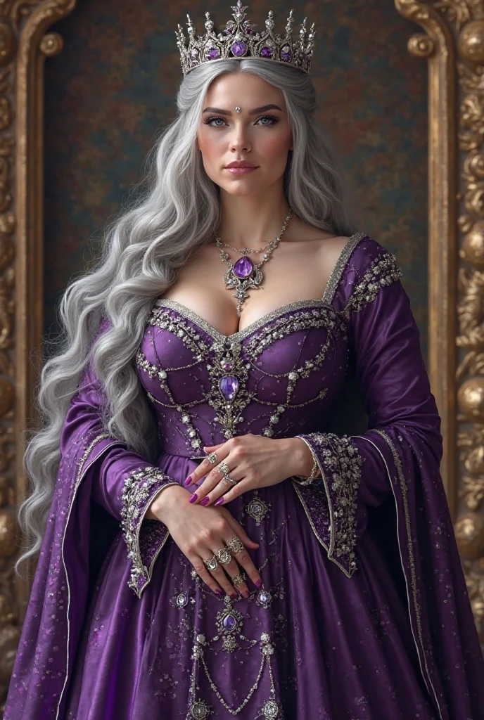 realistic rendering, a women in her 50s, sagged skin, smiling with lots of makeup, she was beautiful young age, agressive eyes, sagged chest, wearing purple velvet dress, striking blue eyes, long wavy hair with some gray. big beaded earring, bright glow in her eyes, round face,