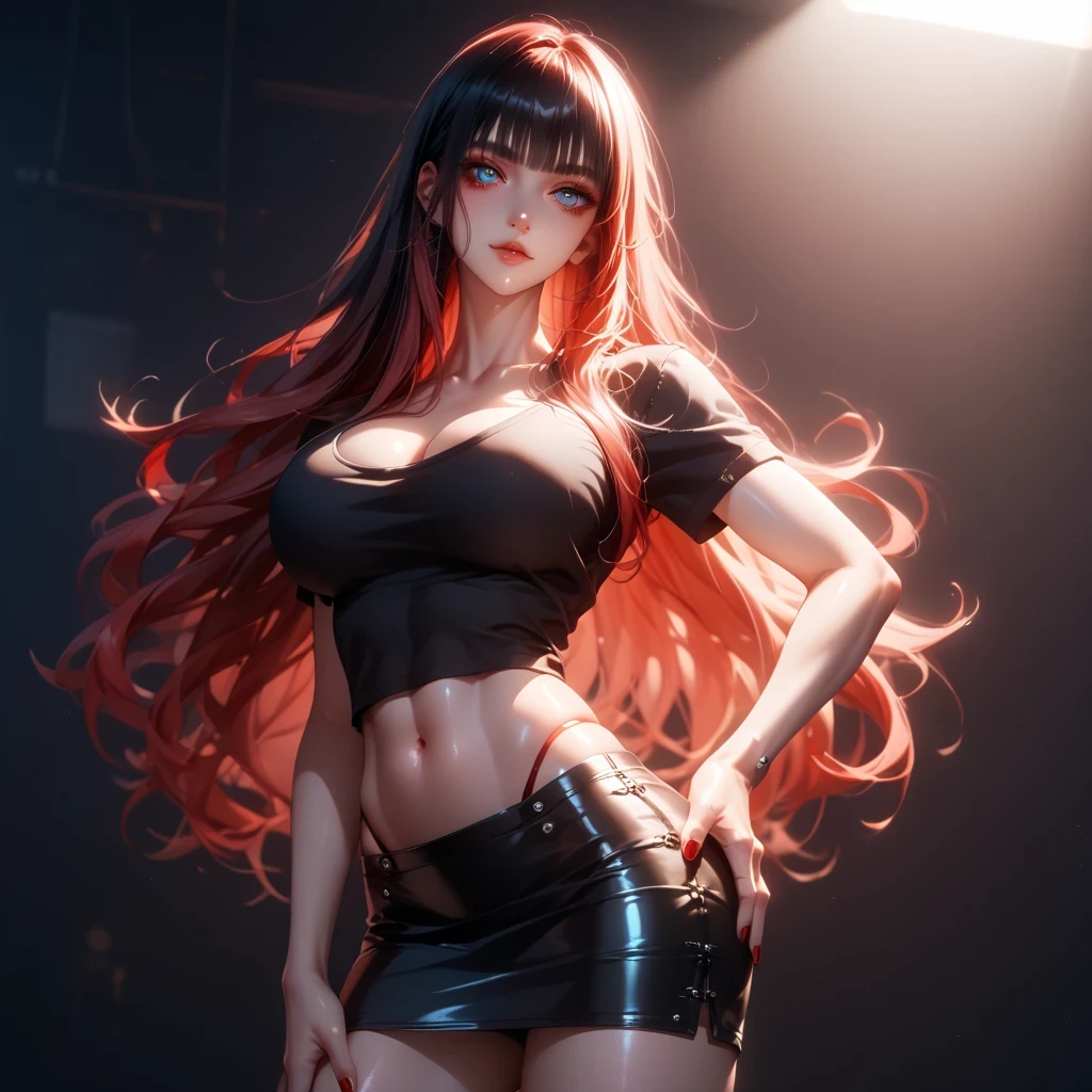 hand on own ass, ((red black, hair, gradient hair ), top quality、 ( professional lighting without shadows )、 surreal, is fascinating、figure like a slender supermodel、 1 girl, ( big breasts, Belly button exposed), ( flat at honny, beautiful skin)), (明るい and beautiful blue eyes ,(( クラゲ cut, long hair ))), ( black mini tight skirt , black u neck t-shirt, cleavage visible ,(( punk style fashion))) , Knee High Socks, 黒のthong