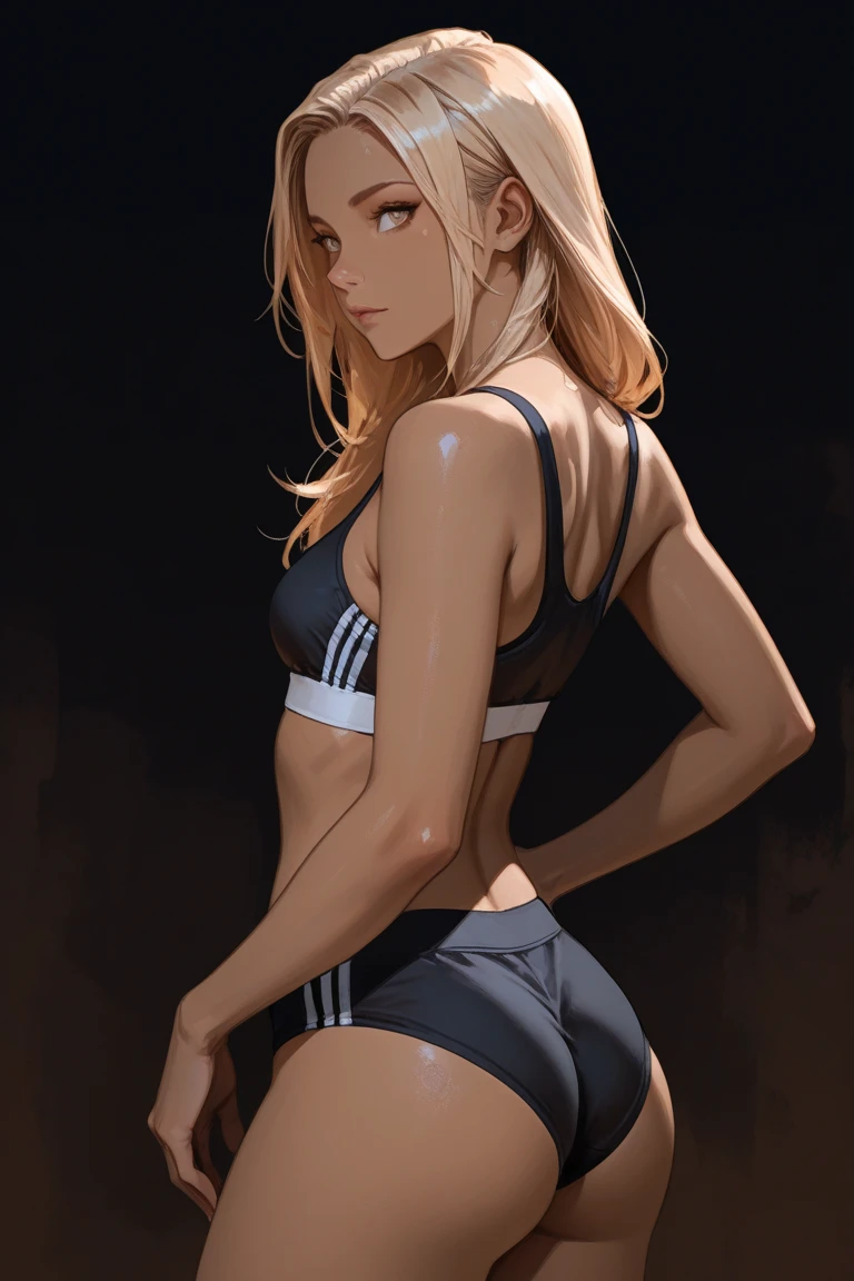 (1980s anime), a blonde Beautiful Woman, squatting naked in a Gym, only wearing white sneakers, shaved pussy, messy bun, serious look, a few tattoos, looking at viewer
