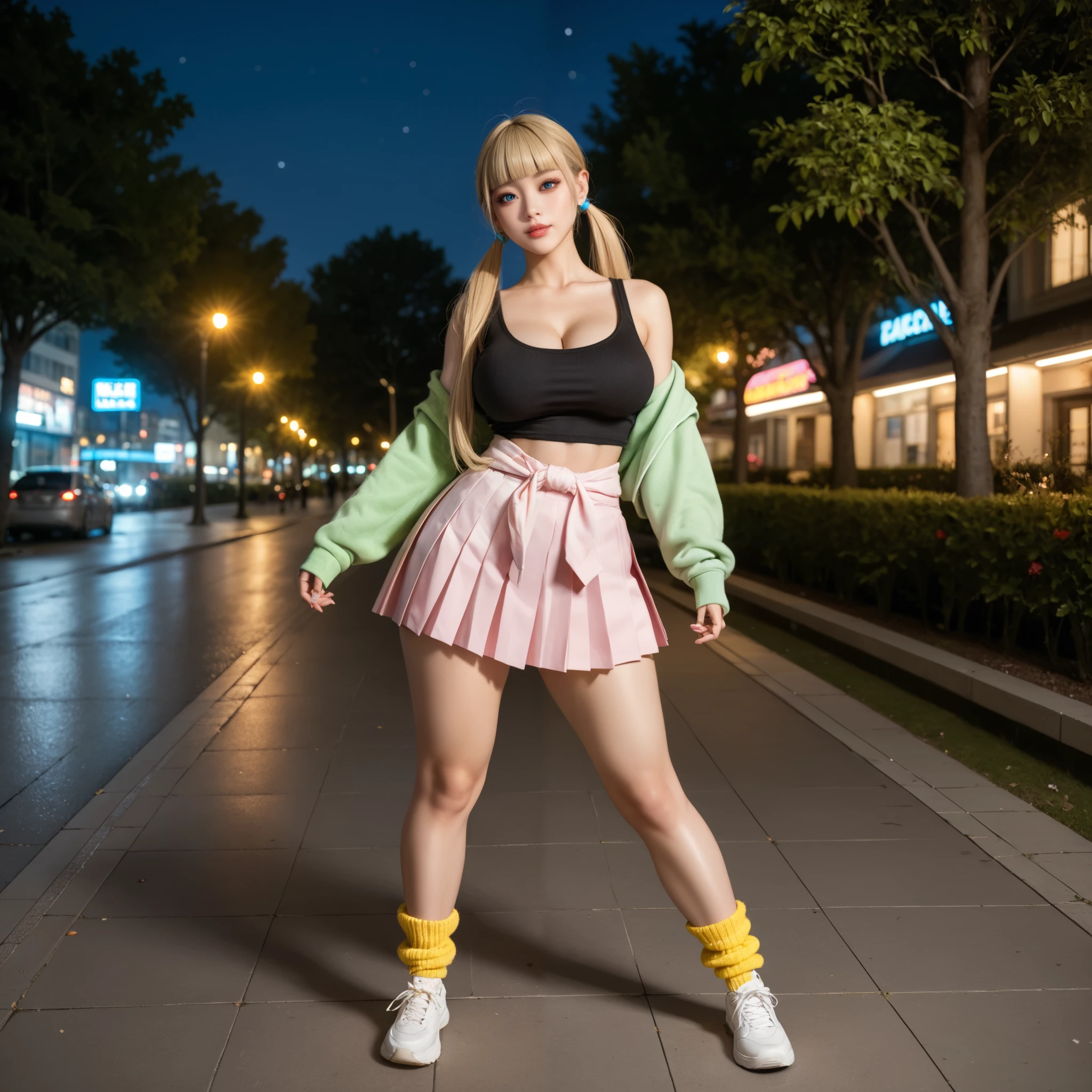 1girl in, (Blue eyes), Sexy smile, ((In the name of Minaj)), wide hips, Big breasts, Big butt, (Best Quality, 8K, masutepiece: 1.3)), Clear focus: 1.2, Perfect Body Beauty: 1.4, Slender Abs: 1.2, Wet body: 1.5, Highly detailed face and skin texture, Detailed eyes, Double eyelids ((twintails blonde hair)), Long legs, ((insufficient_Hoodie)), Kneepads, roller, roller skates, skating, Extreme Sports, Jumping, Dynamic Pose, Full body, In the illuminated park at night, Big Long Shot
