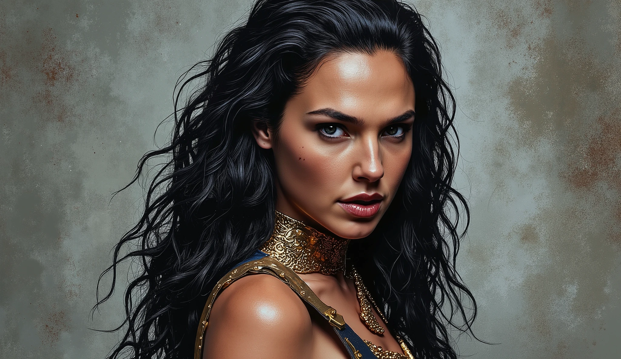 An extremely detailed comic book illustration in an art style inspired by Frank Miller and Conan the Barbarian featuring an extremely curvaceous stunningly beautiful woman portrayed by a young Alexandra Daddario with long distressed black hair pale skin and stunning blue eyes wearing a metal/punk aesthetic outfit with an alluringly sinister yet mischievous expression. The artwork has a moody aesthetic with a textured background in charcoal gray and cement tones. The composition showcases a strong, confident portrayal with dramatic lighting that emphasizes the detailed rendering of her clothing, jewelry, and facial features. The artistic style demonstrates considerable skill in creating realistic textures and lighting effects. Standing in a dynamic action pose. Trending on Art Station.