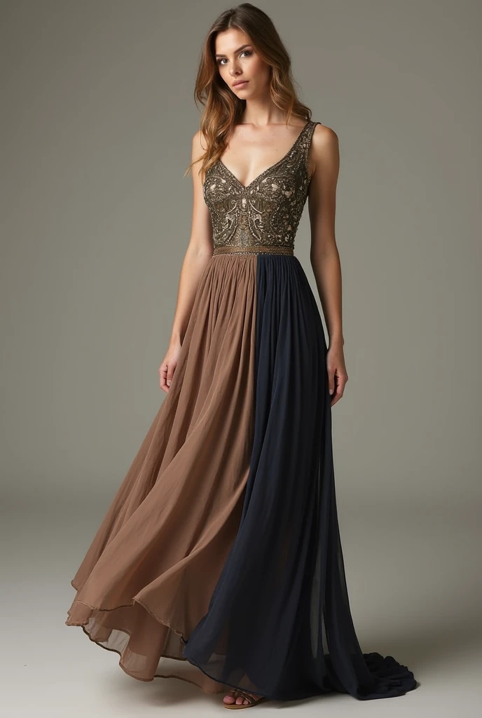 a beautiful woman with long brown hair, detailed portrait of a tailor, wearing an elegant fashion dress with detailed textures, standing full body in a 3D, high definition, photorealistic painting