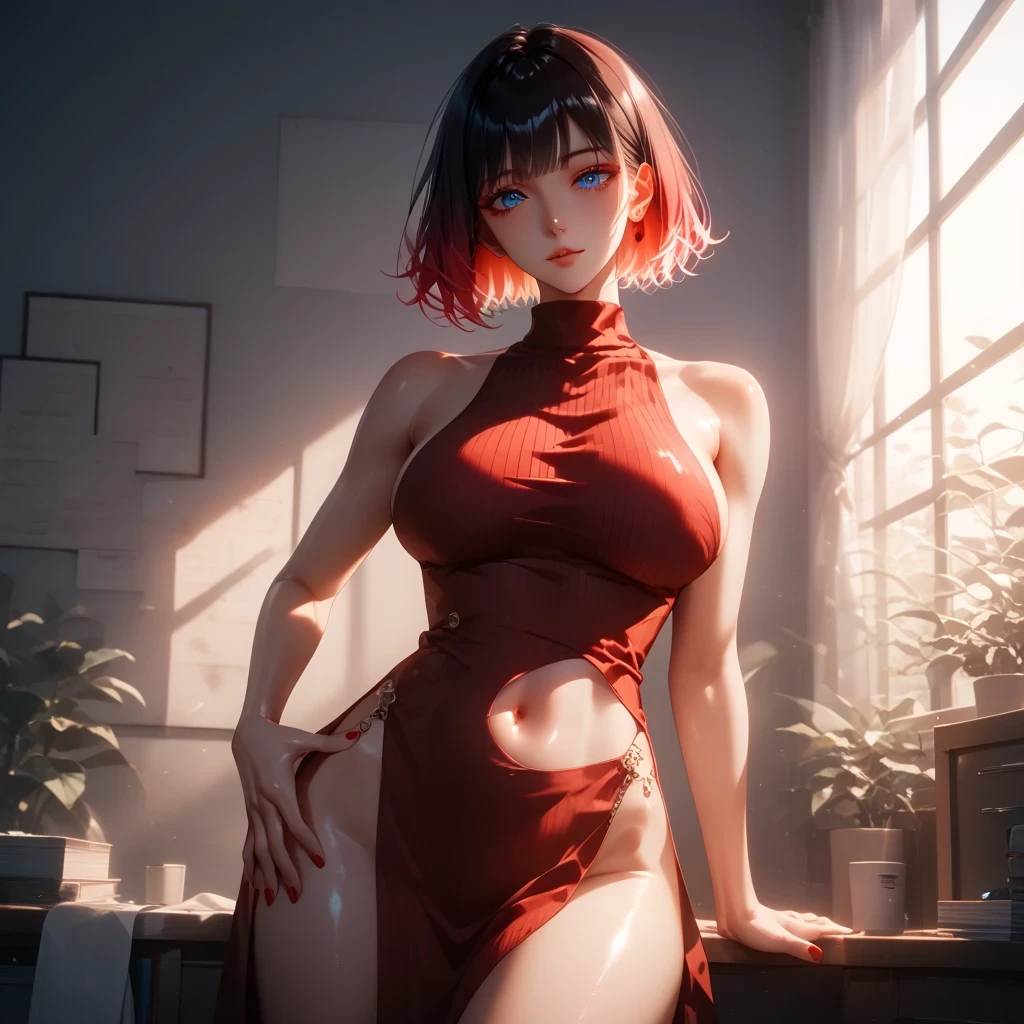 hand on own ass, ((red black, hair, gradient hair ), top quality、 ( professional lighting without shadows )、 surreal, is fascinating、figure like a slender supermodel、 1 girl, ( big breasts, Belly button exposed), ( flat at honny, beautiful skin)), (明るい and beautiful blue eyes , (( クラゲ cut, short hair ))), (black ribbed dress、 Emphasize your breasts、Wide open , revealing clothes))) , ( beautiful face squinting in bright light ),