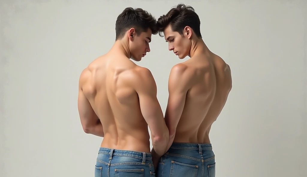 ((2 asian men posing together)), 18-year-old male, (photo realistic), (Masterpiece), Intricate details, detailed face, detailed eyes, Detailed background, Depth of field, Handsome model, slim toned body, (chinese man), both completely nude, penis, Dynamic poses, full body, front side facing, backside facing, bubble butt, stylish haircut, various poses, alluring expression