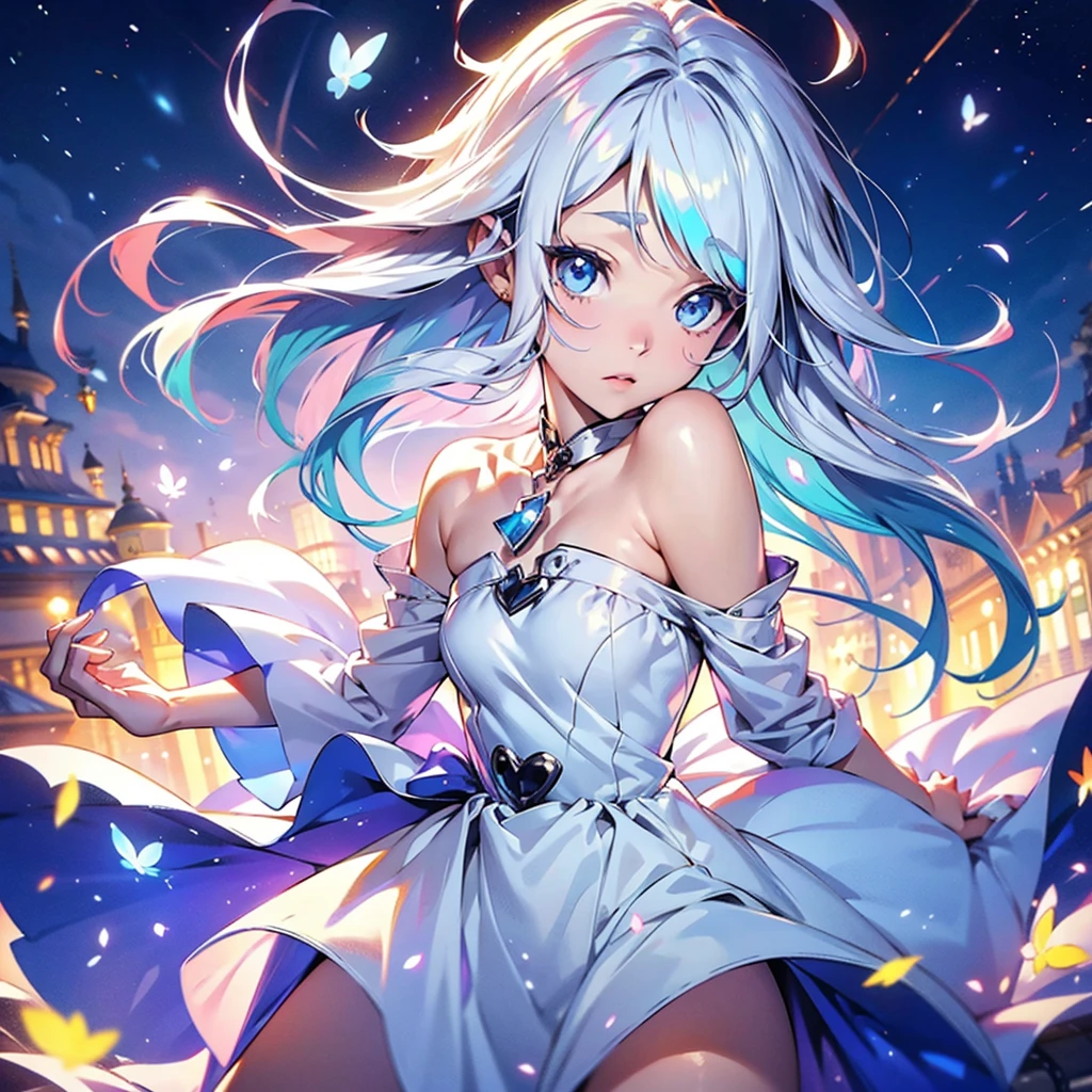 masterpiece, (Highest quality: 1.2), (Super Fine: 1.2), figure, (Very delicate and beautiful: 1.2), Film Angle, floating, (Beautiful detailing: 1.1), (Detail Light: 1.1), Film Light, Delicate Sky, woman, Gray Hair, blue eyes, (High Ponytail: 1.1), Cape, Glowing Eyes, (moon: 1.2), (moonlight: 1.1), Starry Sky, (Particles of light: 1.1), fog , Snow Painting, sketch, flowering