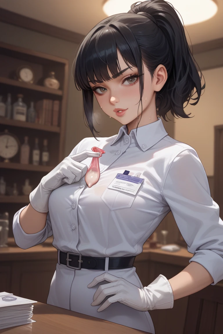 A mature woman in a white lab coat with her black hair tied up and glasses is wearing long white rubber gloves, holding a syringe in her hand, and smiling seductively with her tongue out in an operating room.