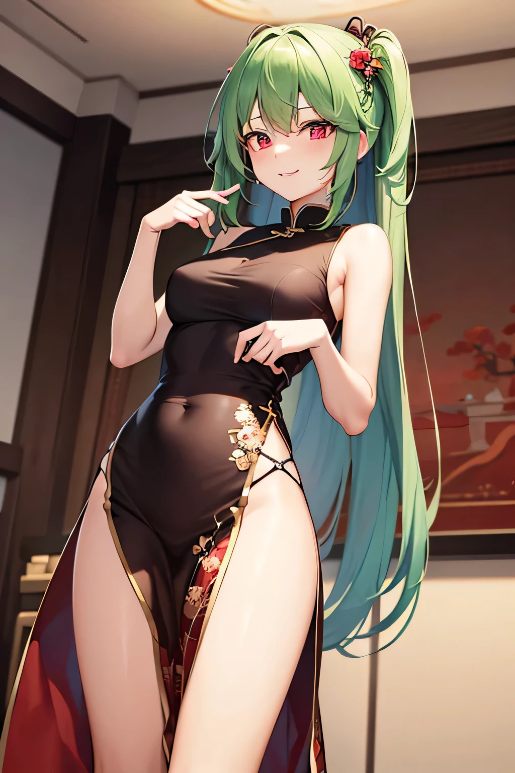 ((masutepiece、An ultra-high picture quality、ultra-quality、8K、clear details、face perfect、Phenomenally cute face、perfect and slender body、realphoto、))18year old、Cute girl shortcut about 150cm tall、Green hair、Hair fluttering in the wind、The clothes are black Chinese clothes..、The crotch visible through the black cheongsam fluttering in the wind、Bullish appearance、red blush、(A photo looking up from below with a full body composition)